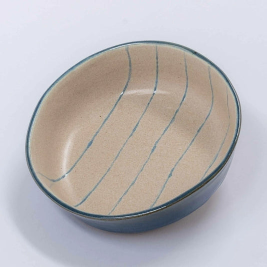Prato fundo / bowl em cerâmica detalhes listrados em azul