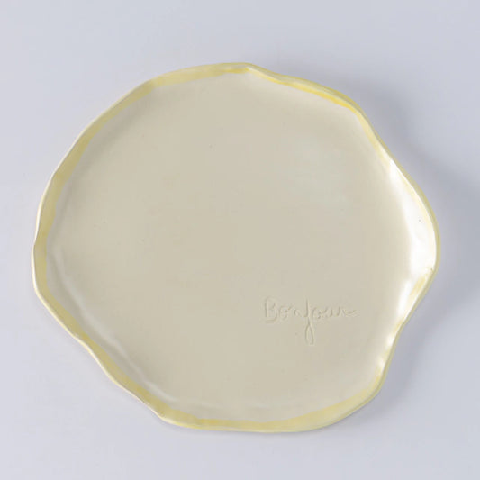 Prato sobremesa bonjour amarelo em ceramica